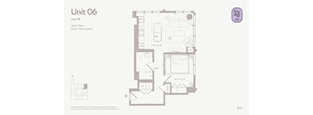 A floor plan for Unit 06, a large 1BR apartment with 1 bed and 1 bath, is shown with North at the top and East on the right.