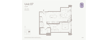 A floor plan for Unit 07 shows a large 1BR apartment with a bed, bath, kitchen, and living room.