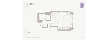 A floor plan of Unit 08 in the Large Studio / 1 Bed / East Exposure.