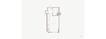 A floor plan of a studio apartment with a kitchen, living room, and one bathroom.