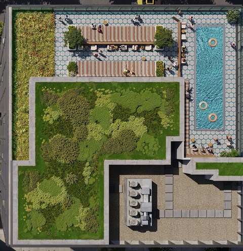 A pool with a bench and people around it.
