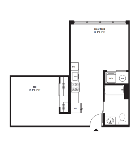 a floor plan of a 1 bedroom floor plan with a bathroom and a living room