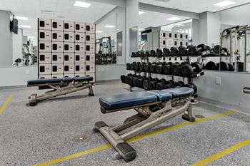 A gym with a bench, weights, and mirrors.