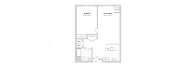 A floor plan of a room with a bedroom, living/dining area, and a bathroom.