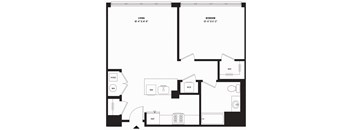 A black and white floor plan of a living room and bedroom.