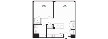 a blueprint of a floor plan of a unit with a bedroom and a living room