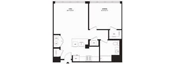A black and white floor plan of a living room and bedroom.