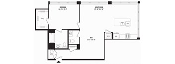 a blueprint of a floor plan with a bedroom and a living room