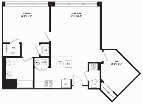 a floor plan of a 1 bedroom floor plan with a bathroom and a living room