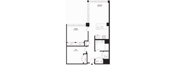 A black and white image of a floor plan for a living room, bedroom, and den.