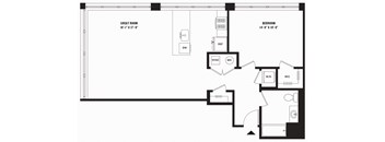 A floor plan of a house with a great room and a bedroom.