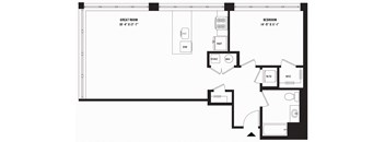 A floor plan of a room with a great room sized 18'-4