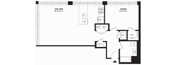 a blueprint of a floor plan with a bedroom and a living room