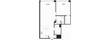 A floor plan of a home with a living and dining area, a bedroom, a bathroom, a kitchen, a laundry room, and a utility area.