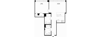 A floor plan of a house with a bedroom, living room, and bathroom.