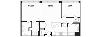 A black and white floor plan of a house with three bedrooms and a living room.