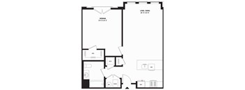 A black and white floor plan of a bedroom with a living/dining area.