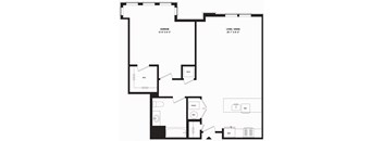 A floor plan of a home with a bedroom, living/dining area, and a W/D.
