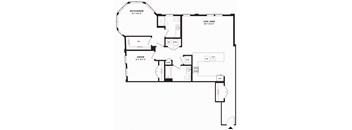 A black and white image of a house floor plan with a master bedroom, living/dining area, and a bedroom.