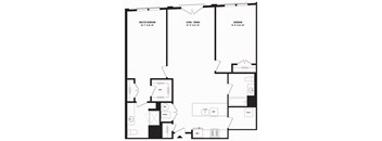 A black and white image of a floor plan for a home with a master bedroom, living/dining area, and two bedrooms.