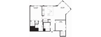 A black and white image of a house floor plan with a master bedroom, living/dining area, and two bedrooms.