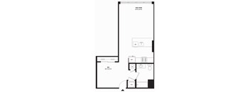 A black and white floor plan of a one bedroom apartment.