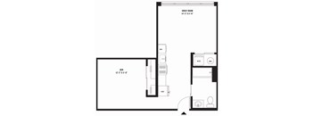 A floor plan of a house with a den, a great room, and a bathroom.