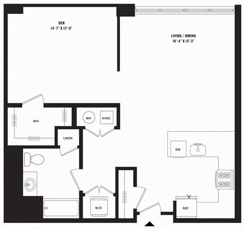 a blueprint of a floor plan of a unit with a bedroom and a living room