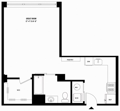 a floor plan of a 1 bedroom floor plan with a bathroom and a living room