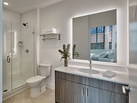 A modern bathroom with a white toilet, a wooden vanity, and a large mirror.