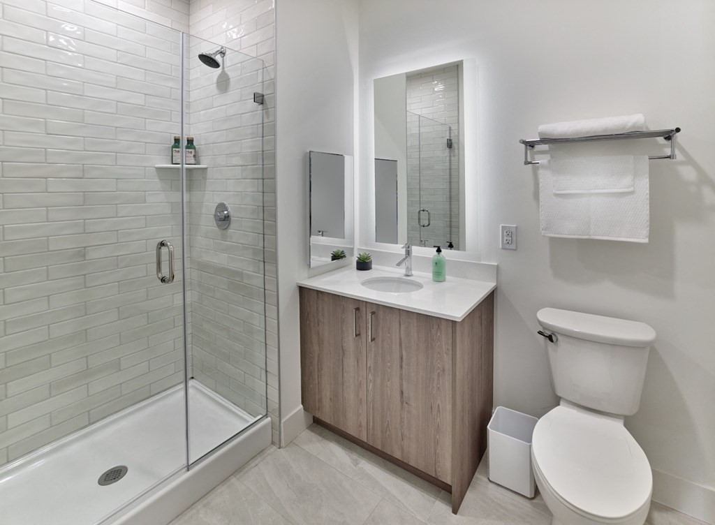 a bathroom with a shower toilet sink and mirror