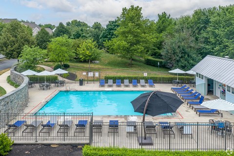A pool surrounded by lawn chairs and trees.