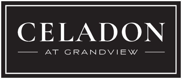 A black and white sign that says "Celadon at Grandview".