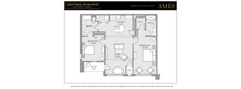 A floor plan for a two bedroom, two bath apartment with a living area and patio.