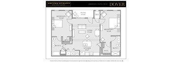 A floor plan of a two bedroom apartment with two bathrooms.