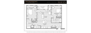 A floor plan of a two bedroom apartment with a living room and a kitchen.