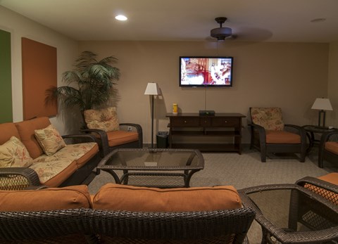 a living room with couches and chairs and a television