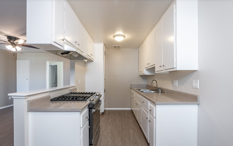A kitchen with white cabinets and a countertop.