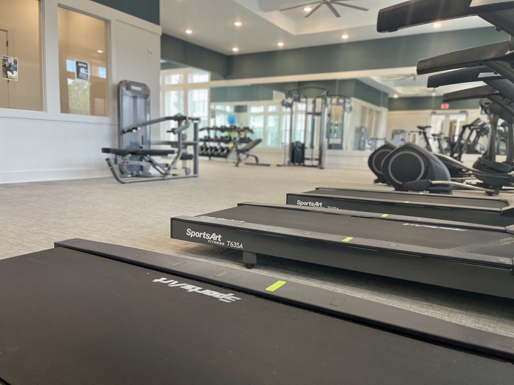 up close photo of the treadmills, showing some of the weightlifting equipment