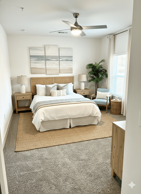 A bedroom with a large bed and a ceiling fan.