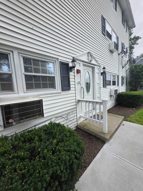 A white door with a window above it and a window to the left of the door.
