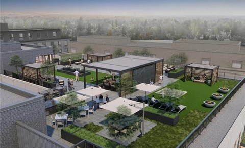 A rendering of a modern outdoor courtyard with people walking and sitting.