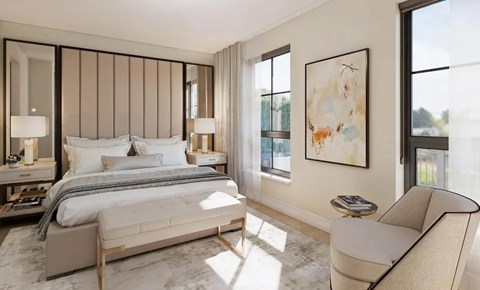 A bedroom with a large bed, a chair, and a painting on the wall.