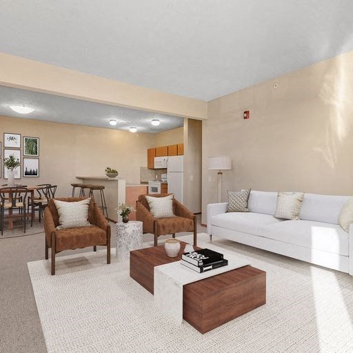 a living room filled with furniture and a white couch