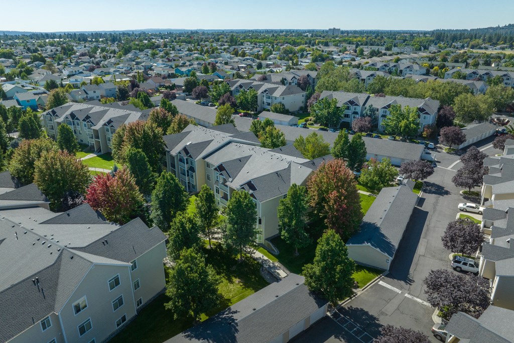 an aerial view of a neighborhood with houses and trees