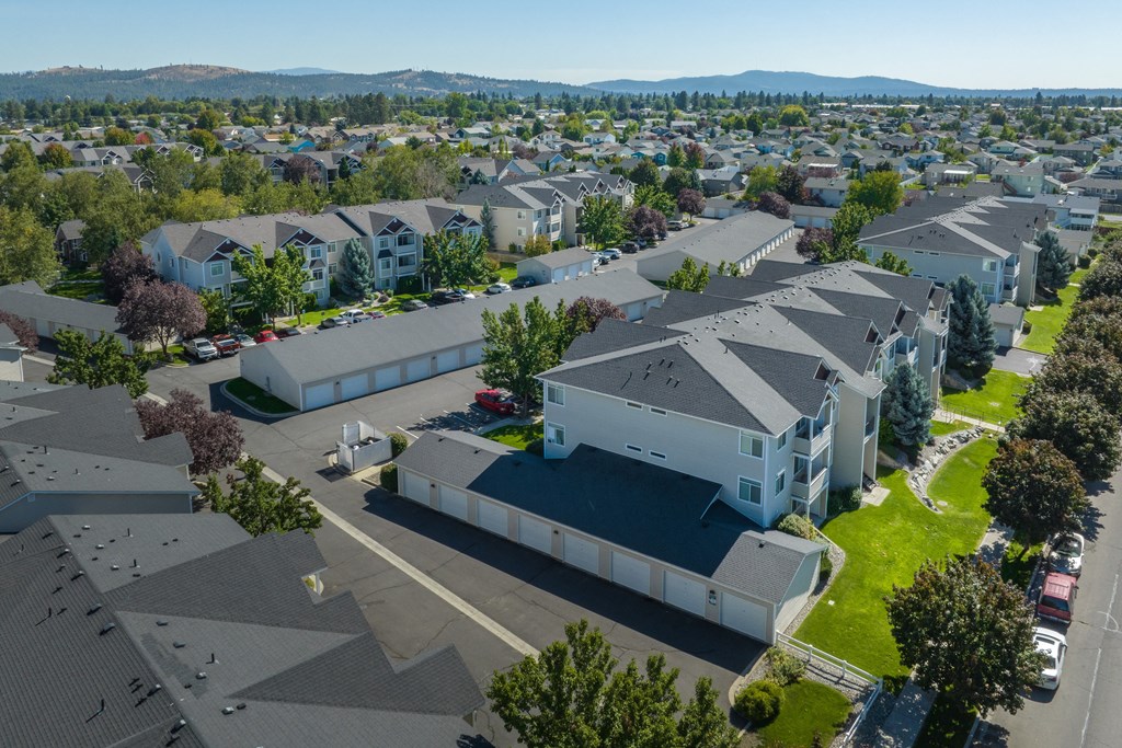 an aerial view of a neighborhood with houses and trees