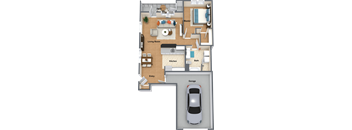 a floor plan of a house with a car in the garage