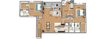 a floor plan of a house with furniture and a swimming pool