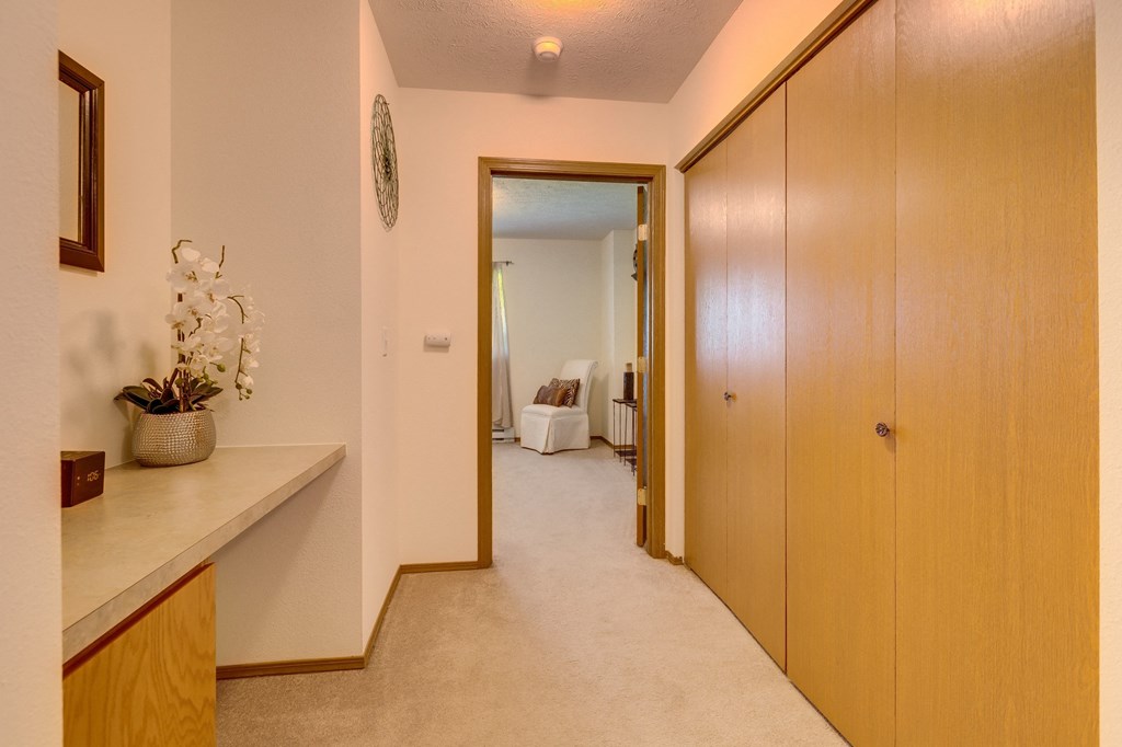 a hallway with wooden cabinets and a white carpet