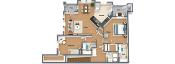 a floor plan of a house with furniture and a swimming pool